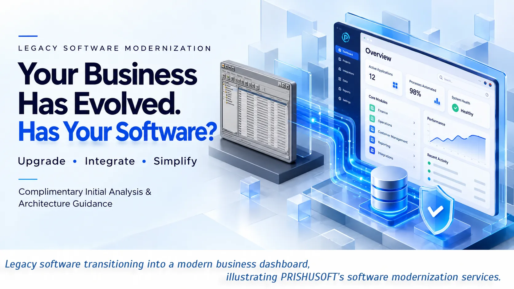Legacy software transitioning into a modern business dashboard, illustrating PRISHUSOFT’s software modernization services.